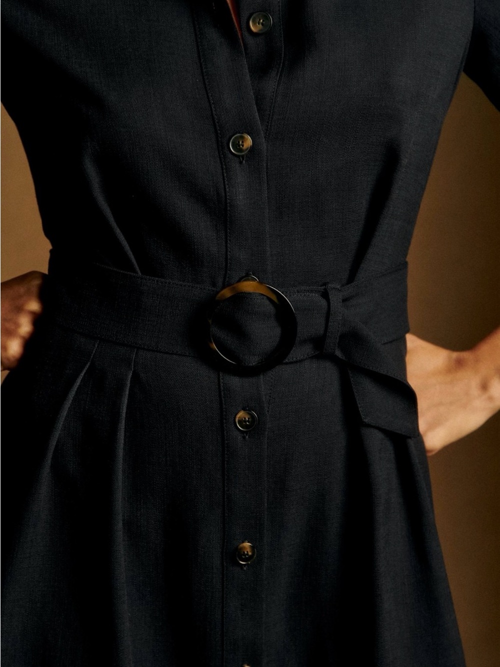 Sézane Black Short-Sleeve Button Mini Dress with Belt - Picture 2 of 6